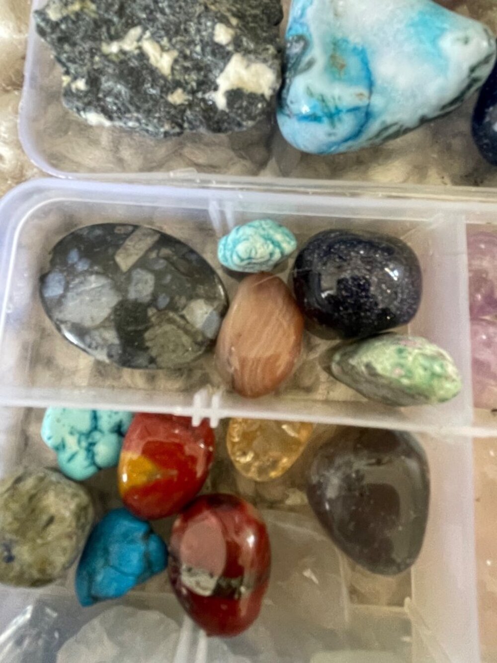 Assorted Gemstone & Mineral Collection In Organizer Box Polished & Raw Stones In